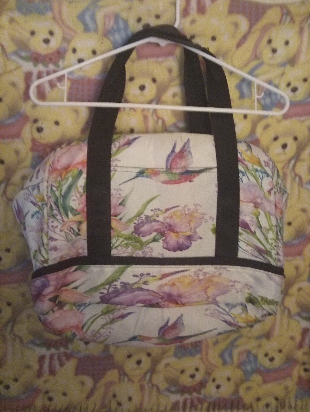 🐦 Pretty Floral Hummingbird Print Canvas Tote Bag, Duffle Bag Size med